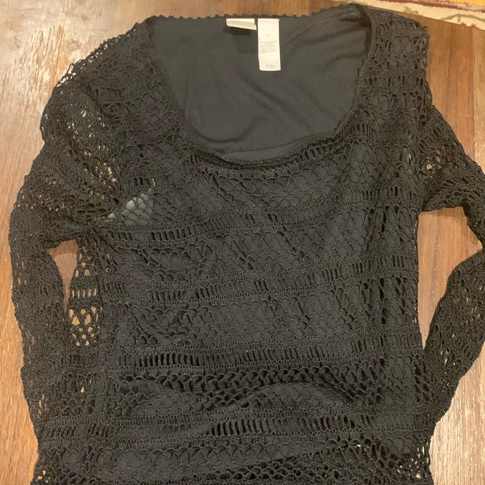 Emma James two piece black crochet long sleeve shirt and skirt size medium